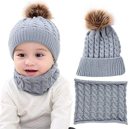 CheChury Conjunto de Bufanda y Gorro de Punto Unisex Niños Niñas Invierno cálido Punto Beanie Gorros con Pompon Bufanda de Punto Cuello Redondo Bebé