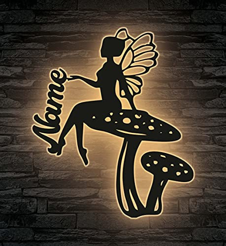 Fee auf Pilz Elfe mit Flügel Engel LED Deko Schlummerlicht Nachtlicht Name , personalisiert mit Wunsch Namen Lasergravur Abendlicht Kinderzimmer Wohnzimmer Geschenk - in 13 Farben