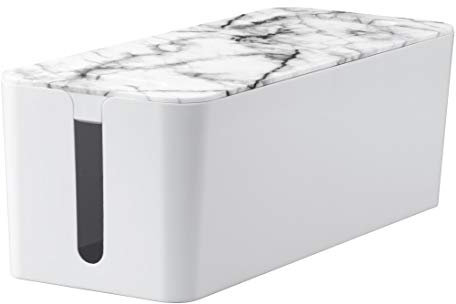 Hama Kabelbox zum Verstecken von Kabeln und Steckdosenleisten (Kabelmanagement für Schreibtisch und TV, Box mit Kabelführung im Deckel für Handy Ladekabel, 40,0 x 15,6 x 13,5 cm) weiß, Marmor-Muster, groß, 0020666