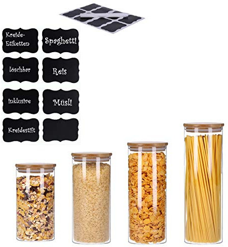 TALK-POINT 4er Set Vorratsdosen aus Glas mit Bambusdeckel Vorratsgläser Glasbehälter Spaghetti- Glas | inkl. 8 Kreideetiketten und Stift | luftdicht Spülmaschinenfest Mottensicher (4er Set - Mix)
