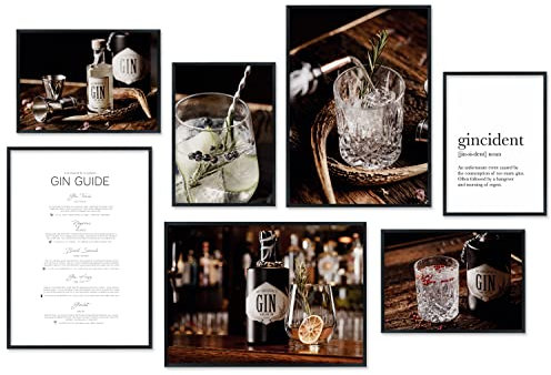 Hyggelig Home Premium Poster Set - 7 Gin Bilder - Küchenposter Bar Gläser Flaschen Küche - Set Gin - ohne Rahmen