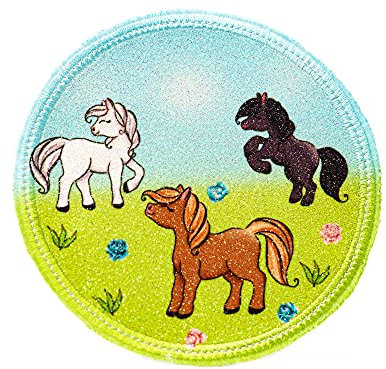 Glitzer - Klett - Patch für den Schulranzen oder Rucksack optional mit Namen | 28 Motive | auch als Anhänger oder zum Aufbügeln | super Geschenk zu Einschulung (Pferde)