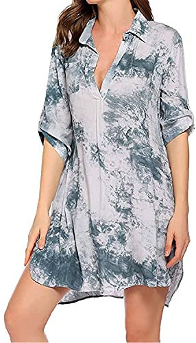 Pareo Plage Mousseline de Soie Robe de Plage pour Femmes V-Cou Bikini Cache-Maillots Chemise Robe Cache Couvrir Beach Maillots de Bain Cover Up Coton Mélangé V-Cou Manche 3/4