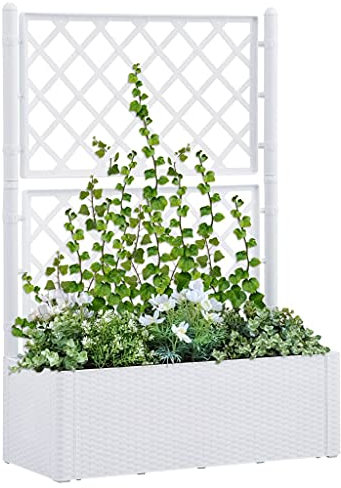 (Blitzlie ferung) Garten Hochbeet mit Spalier Gartenspalier, Blumenkasten Rankkasten, Rankgitter Rankhilfe Blumenkübel Garten-Hochbeet mit Spalier und Selbstbewässerungssystem Weiß