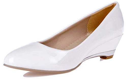 MJIASIAWA Damen Closed Toe Ohne Verschluss Mode Lack Keilabsatz Mitte Absatz Pumps Bride Hochzeit Comfy Kleid Mode Pumps Party Weiß Gr 46 EU/48 Asiatisch