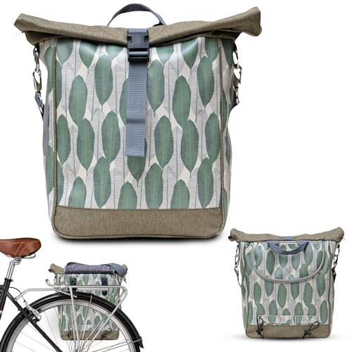 Ikuri Fahrradtasche für Gepäckträger Satteltasche Einzeltasche Packtasche, abnehmbar, mit Tragegurt zum Umhängen, aus Plane, Unisex, Wasserdicht - Modell Banana Leafs