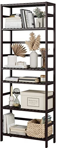 FOTOSOK 6-stöckiges Bambusregal, Bambus-Bücherregal mit verstellbaren Regalen, freistehendes Aufbewahrungsregal, Pflanzenblumenständer für Küche, Bad, Home Office, Vintage