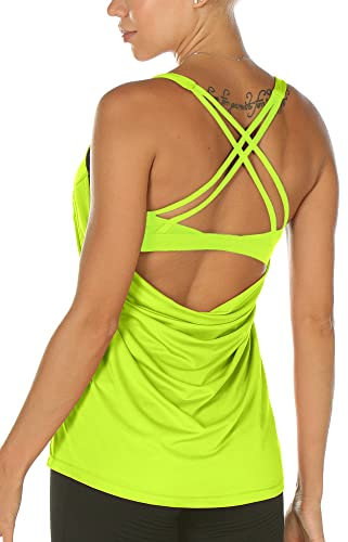 icyzone Damen Sport Top mit BH - 2 in 1 Fitness Yoga Shirt Cross Back Gym Training Tank Top (M, Neon Yellow)