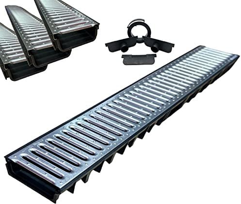 MASTERBRICO Canaletta Scolo Acqua Piovana e Carrabile 125x50 mm – Sistema per Cortili Garage Interrati Terrazzi, Kit 3 Pz con Griglia Zincata A15 – 3 Canali da 1 Metro, 2 Testate, 1 Bocchello