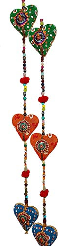FIKIMOS Door Hanging Decorative Cotton Heart in Vibrant Color Stringed with Beads and Bell Traditional Indian Hanging Decoration 2 Layer