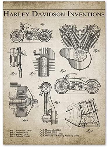 AIVYNA Motorrad Erfindungen Motor Patent Maschinenbau Poster Retro Leinwand Malerei Wandkunst Bilder Druck BüRo Dekor Rahmenlos