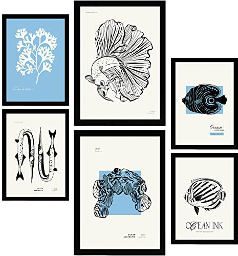 Nacnic Set mit 6 Postern in schwarzer Tinte. Fische. Kunstdrucke von Meer und Ozean für Innenarchitektur und Dekoration. A3 & A4 ohne Rahmen.