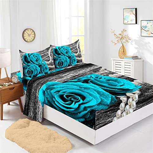 Odot Parure de Lit avec Drap Housse Drap Plat Taie Doreiller, Motif Fleurs de Rose Draps Housses Bonnet 40cm, pour Adultes Enfant, Lit 1~2 Personnes (Fleur Rose Bleue,140x190cm-4 Pieces)