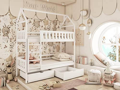 Horten Etagenbett Stuttgart - Hausbett für 2 Kinder mit Rausfallschutz und Schubladen - 80 cm x 180 cm - Kiefer
