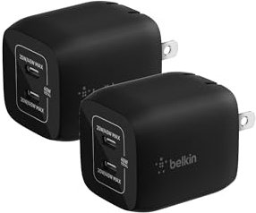 Belkin 45W Dual USB-C Wall Charger, Fast Charging Power Delivery 3.0 w/GaN Technology, iPhone 14, 13, Pro, Pro Max, Mini, iPad Pro 12.9, MacBook, Galaxy S23, S23+, Ultra, Tablet - Black (2-Pack)
