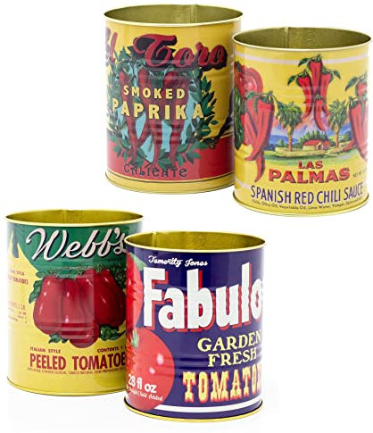 Carousel Home Set of 4 Decorative Replica Food Tin Cans | 4 Piece Mediterranean Retro Metal Storage Tin Set | Vintage Style Metal Food Display Cans