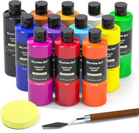 Shuttle Art Acrylfarben Set, 12 Acryl Farben in Flaschen (je 473ml, 16oz), hochpigmentierte Acrylic Paint, Acrylfarbe wasserfest für Künstler, Anfänger, Erwachsene auf Steine, Leinwand, Holz geeignet
