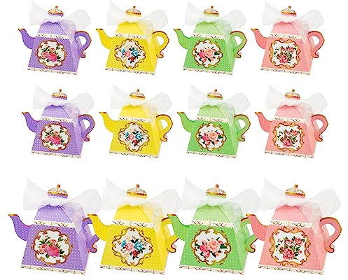 OPUHOHR 12PCS Flower Tea Party Gift Boxes, Vintage Teapot Candy Boxes, Paper Candy Treat Boxes for Tea Garden Wedding Bridal Birthday Baby Shower