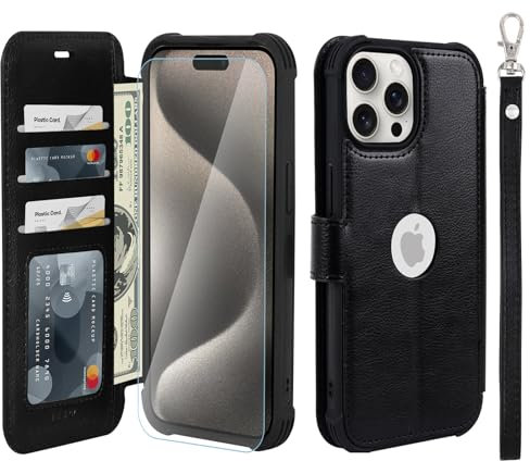 VANAVAGY Compatible with iPhone 15 Pro Wallet Case,Rfid Flip Leather Cover with Wrist Supports Wireless Charging with Card Holder,[Glass Screen Protector and Camera Cover],Black