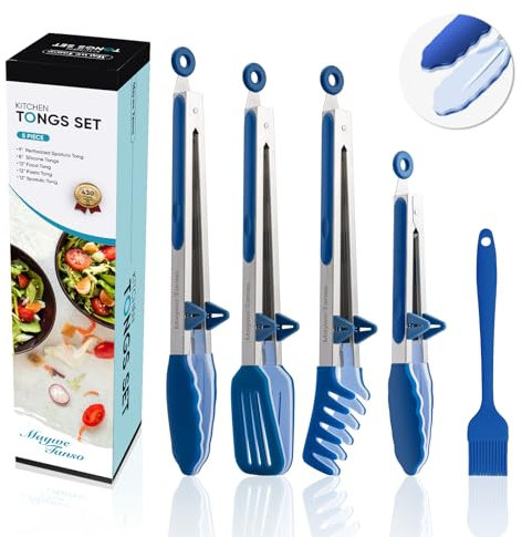 5-Pack Silicone Tongs for Cooking, 4PCS 13-Inch Cooking Kitchen Tongs with Silicone Tips,Nonstick Stainless Steel Tongs for Steak Pie Pizza Pasta Spaghetti Salad BBQ Buffet,Plus Brush (Classic Blue)