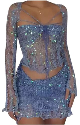 AMhomely Women's Crochet Sequin 2 Piece Dress Crop Top Long Sleeve Split Knitted Sexy Sparkle Mini Dress Sets Sequins Skirt Sets Cardigan Short Skirt Clubbing Outfits