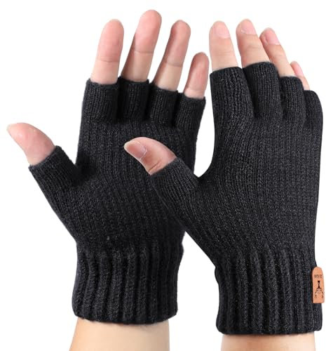AYPOW Gants Demi-Doigts Thermiques d'Hiver pour Hommes et Femmes - Doublure en Polaire, Tricotés, Chauds - Pour Conduite, Travail, Dactylographie, Écriture - Mitaines Tous Les Jours