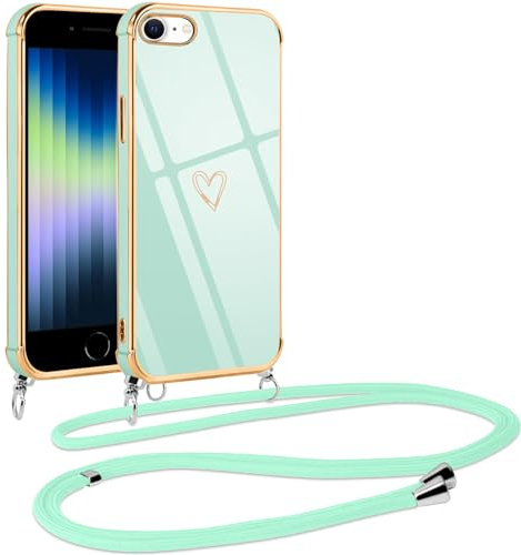 Vauki handyband für iPhone 8/iPhone SE 2020/iPhone 7/SE 2022 Hülle mit Band, Handyhülle mit Kette, Herz Motiv, Ultra Dünn Stoßfeste Aesthetic Case mit Kordel zum Umhängen für iPhone 8 4.7 Zoll, Grün