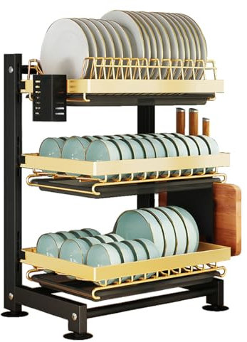 Heikoeco® Abtropfgestell Geschirr, Geschirrabtropfgestell, Geschirr Abtropfständer, höhenverstellbares Abtropfgestell, Abtropfgitter (Schwarzgold, 3 Ebene)