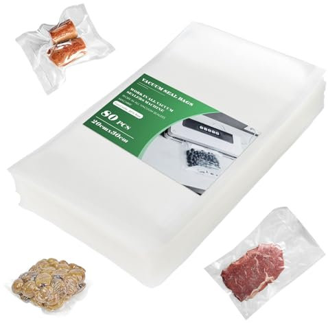 Fousenuk Vakuumierbeutel, 80 Beutel Vakuumbeutel Lebensmittel 20cm×30cm Premium, Folienbeutel für Jedes Folienschweißgerät Vakuumiergerät, Bpa-frei, Wiederverwendbar Sous Vide Gefrierbeutel Stark und