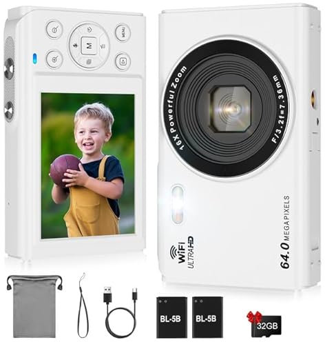 LAMA Digitalkamera, Fotokamera 4K 64MP Mini Digitalkameras Autofokus Kompaktkamera, 2,8 '' LCD 16X Zoom Blitz Digital Kamera mit 32G Karte, 2 Akku, Fotokamera für Kinder, Teenager, Anfänger(Weiß)