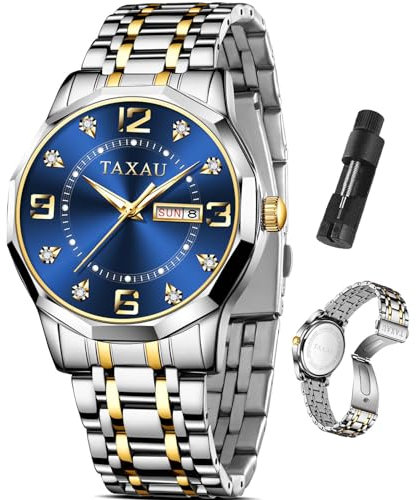 Taxau Kleid Uhren für Männer Blaues Zifferblatt Quarzuhren für Männer Edelstahl Armbanduhr Luxcury Dianmond Wasserdicht Leuchtkalender Herrenuhren Relojes para Hombres