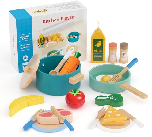 22Pcs Accessoires de Cuisine en Bois Set de Jouets de Cuisine Jeu de rôle pour Enfants , Cuisine de Jeu Casseroles et poêles Set de Cuisine Cadeau pour Filles garçons 3 4 5 6 Ans