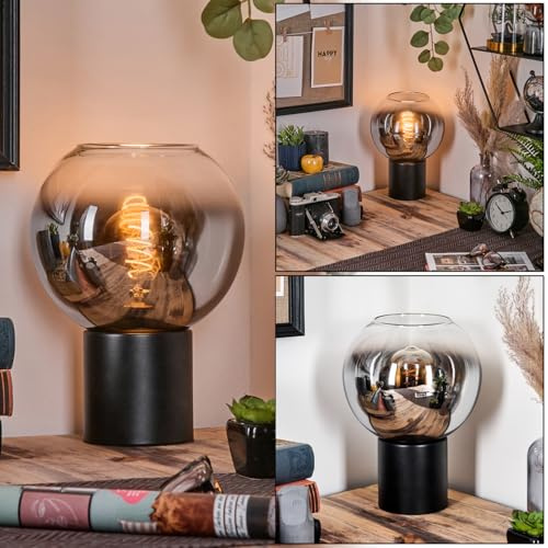 HOFSTEIN Tischleuchte Koyoto, Tischlampe aus Metall/Glas in Schwarz/Chrom/Rauch/Klar, Leuchte im Retro/Vintage-Design mit Glasschirm Ø 20 cm, E27, Wohnzimmer, Schlafzimmer, Esszimmer, Flur, Büro