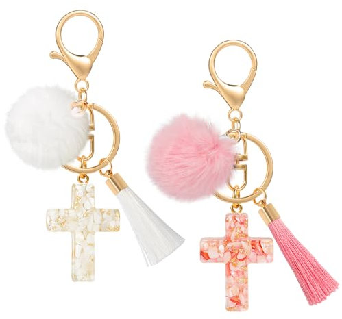 MWOOT 2pcs Schlüsselanhänger Kreuz zum Bommel Quasten, keyring Christliche Deko Kreuz zum Aufhängen, Keychain Autoschlüssel Anhänger Schlüssel Anhänger Christliche Geschenke Schlüsselanhänger Frauen