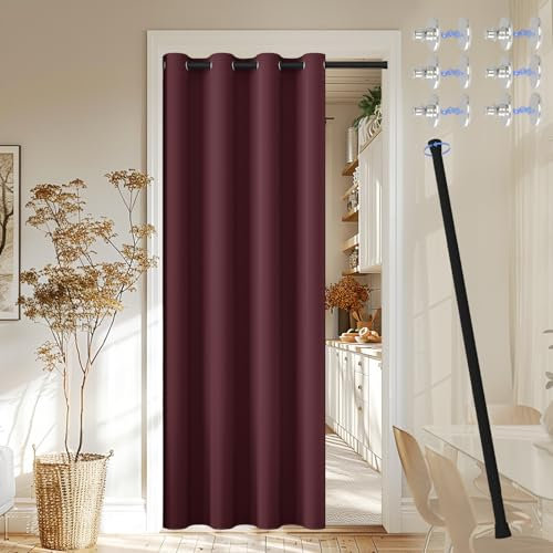 JCyh Türvorhang Kälteschutz mit Stange - einfache Montage in nur 1 Minute ohne Bohren, Vorhang mit Ösen für Raumteiler, Balkontür, Küchentür und Schrank,Türvorhang Bordeaux Rot H210 x B132
