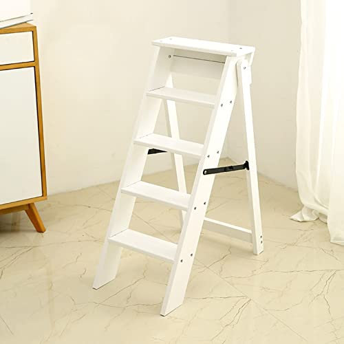 Multi Functional 5 Step Wooden Folding Step Ladder Stool with Display Shelves White