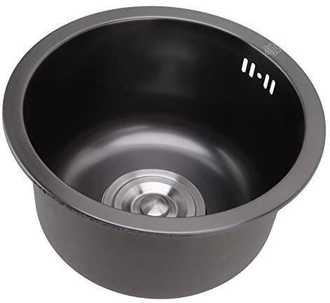 Runde Küchenspüle aus Edelstahl, Hohes Fassungsvermögen, Hervorragende Entwässerung, 29 Cm groß, Einzelbecken mit Abflusszubehör (Nano schwarzer Diamant)