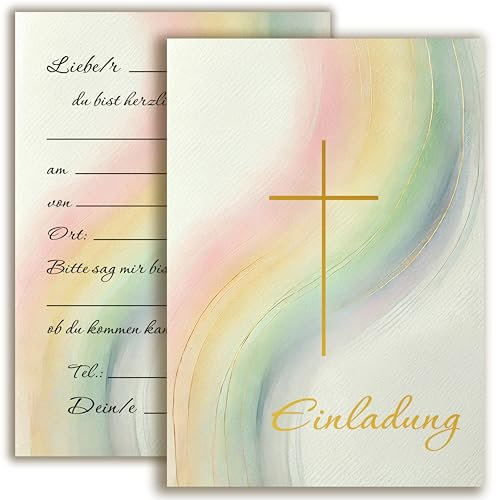 E&G Klasse 10 Einladungskarten mit Umschlag Einladung Goldprägung zweiseitig Karten stilvoll kreuz Aquarell zart zur Taufe Kommunion Konfirmation Firmung Regenbogen Mädchen zum selbst gestalten Gold