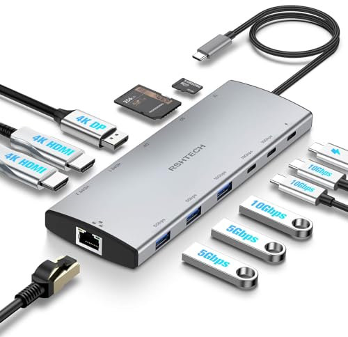 RSHTECH 10Gbps Docking Station Triple Display, 12-in-1 USB C Hub 3.2 with Dual HDMI+ DP 4K@60Hz, 3x 10Gbps USB 3.2 Ports (2C+1A), 2x USB 3.0, Ethernet Adapter, 100W PD and SD/TF (RSH-T12HD)