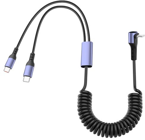 JSADZKJ Cavo a molla USB di tipo C a 90 gradi da USB C a 2 tipo C a Y, cavo di ricarica rapida 2 in 1 a spirale multi cavo di ricarica per auto, laptop, tablet, power bank, smartphone, 1,8 m