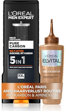 L’Oréal Paris Anti-Haarverlust Set für Männer, Mit Fiber Booster Serum & XXL 5in1 Duschgel, Gegen Haarausfall, Für dichteres & stärkeres Haar, Mit Karbon und Aminexil-R, [Amazon Exclusive], 2-teilig