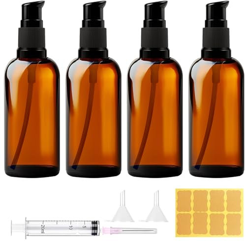 MirraSwit 4 Pièces 100ml Flacon Pompe Vide en Verre Marron, Flacons à Pompe en Verre Vides Rechargeables, avec Pompe et Protection UV, avec Autocollant, Entonnoir pour Lotions Crème Cosmétiques