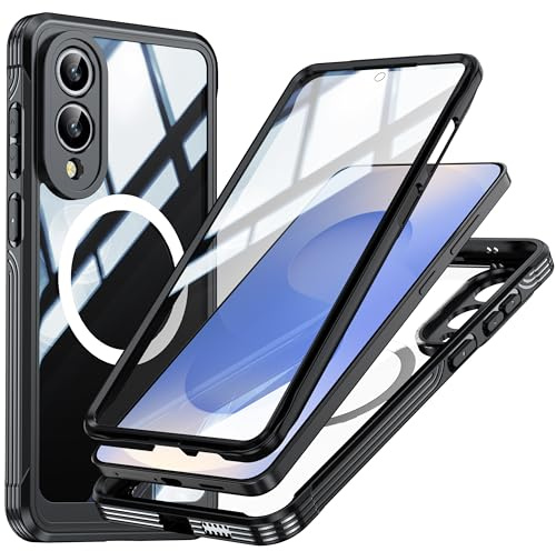 Miimall Handyhülle für Samsung Galaxy S25 Edge Hülle 360 Grad für MagSafe, Panzerhülle für Panzerglas Stoßfest Schutzhülle Ultra Dünn Slim Bumper Transparent Full Cover für S 25 Edge 5G Case Schwarz