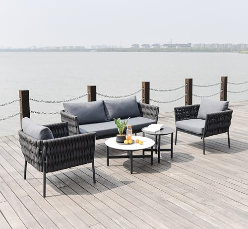 Modern Outdoor Garden Furniture, 5-Piece Woven Patio Furniture with 2 Seat Sofa, 2 Chairs and Tables, Grey