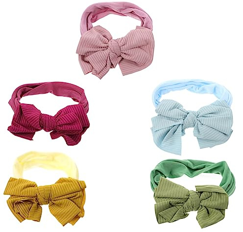 CHICAMPERA 5 Stück Teiliges Haarband mit Süßen Schleifen Elastische Nylon Stirnbänder Grün Beige Lila und Blau für Neugeborene und Kleinkinder für Fotos und Alltag