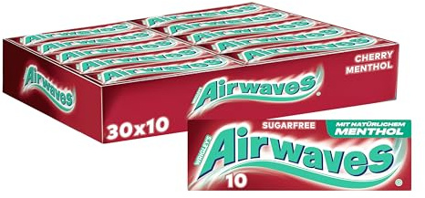 Airwaves Cherry Menthol Kaugummi zuckerfrei, frischer Atem, 30x10 Dragees | Zuckerfreier Cherry-Menthol-Kaugummi mit Minzfrische, ideal für unterwegs, Studienbeginn, beim Lernen und für die Handtasche