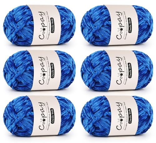Coopay Chenille Wolle zum Häkeln, 6x100g Weiche Samtig Chenillegarn, Flauschige Dicke Wolle zum Stricken, Warme Plüschwolle Häkelgarn für Decken, Schals, Mützen - Königsblau