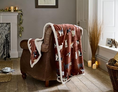Deyongs Mixed Kitty Sherpa Throw Blanket, Brick Red, Super Soft Reversible Fleece & Sherpa, 140 x 180 cm Large Sofa/Bed Throw, Warm Cosy Cat Pattern, Machine Washable, Lightweight Winter Lay