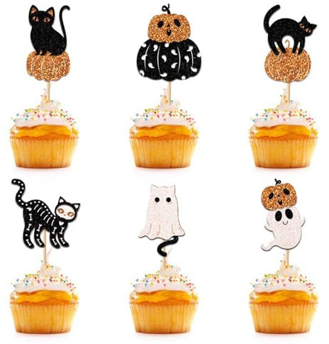 Gleevio 24 Stück Katze Tortendeko Halloween Geburtstagsdeko,Glitzer Geist Cupcake Topper Halloween Deko Kuchen aus Papier,Schwarz Katze Muffin Deko,Süße Katze Tortendeko Halloweenparty Dekoration