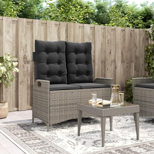 Bucmath Gartenbank Verstellbar mit Kissen Grau Poly Rattan, 104x59x93cm, UV-beständig, 110kg Traglast, für Garten, Terrasse, Balkon